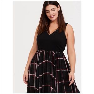 Torrid Black Ponte & Red Plaid Chiffon Midi Dress
